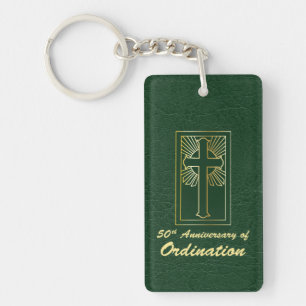 Customisable 50th Anniversary of Ordination Green Key Ring