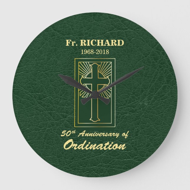 Customisable 50th Anniversary of Ordination Green Large Clock (Front)