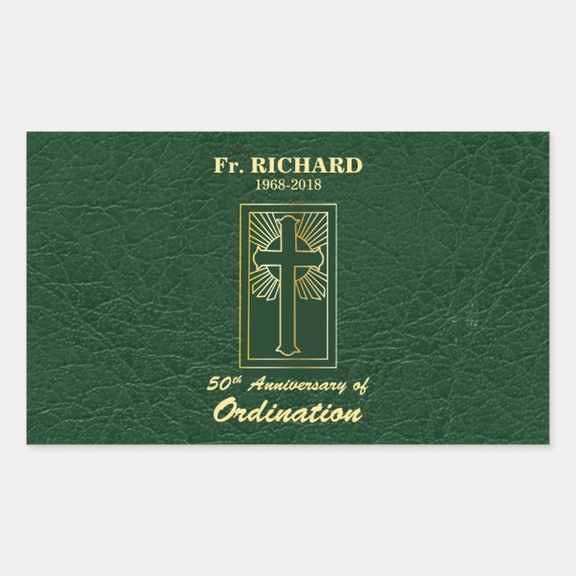Customisable 50th Anniversary of Ordination Green Rectangular Sticker (Front)