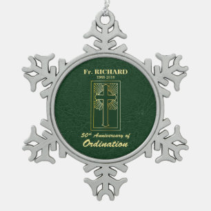 Customisable 50th Anniversary of Ordination Green Snowflake Pewter Christmas Ornament