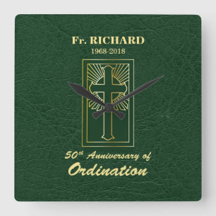 Customisable 50th Anniversary of Ordination Green Square Wall Clock