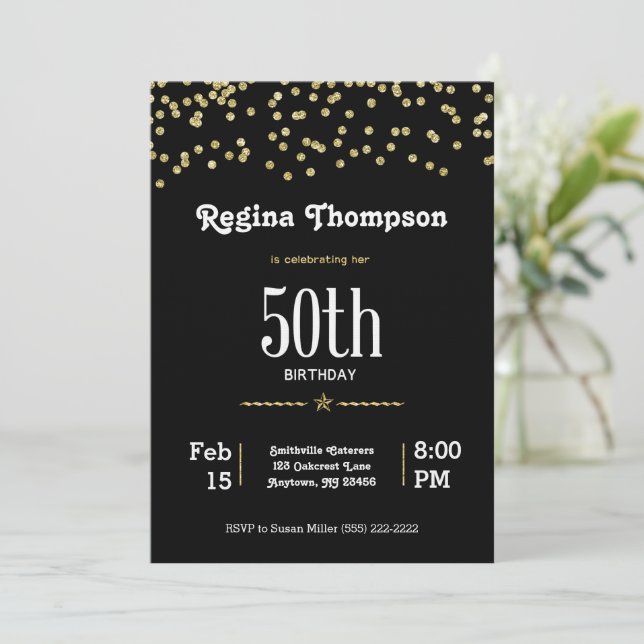 Customisable 50th Birthday with Glittering Gold In Invitation (Standing Front)