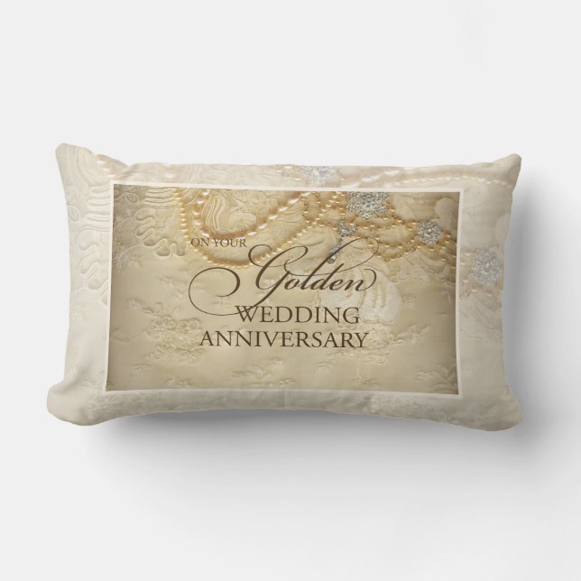 Customisable, 50th Wedding Anniversary Pearls Lumbar Cushion (Front)