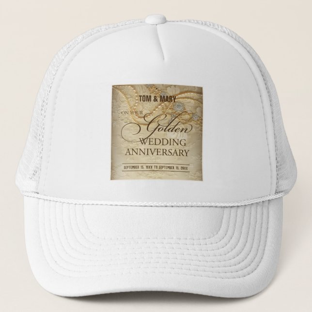 Customisable, 50th Wedding Anniversary Pearls Trucker Hat (Front)
