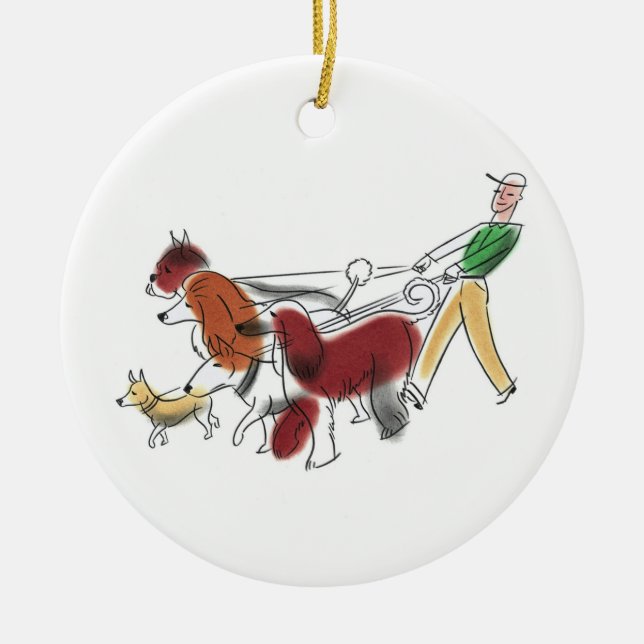 Customisable Abstract Art Dog Walker and Dogs Ceramic Tree Decoration (Front)