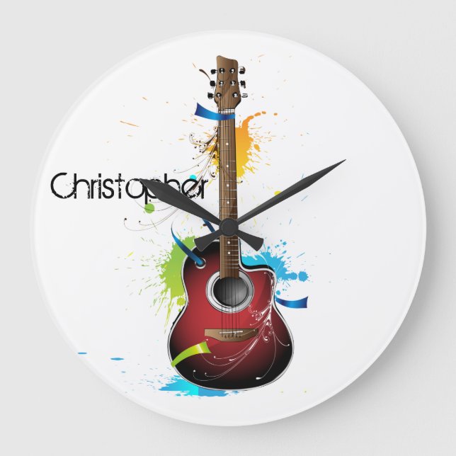 Customisable Acoustic Guitar with Paint Splatters Large Clock (Front)