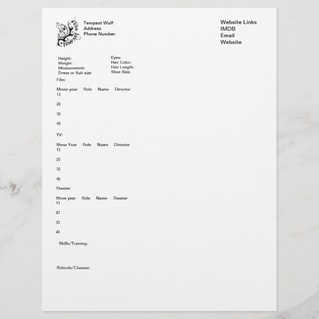 Customisable Acting Resume Template Letterhead (Front)