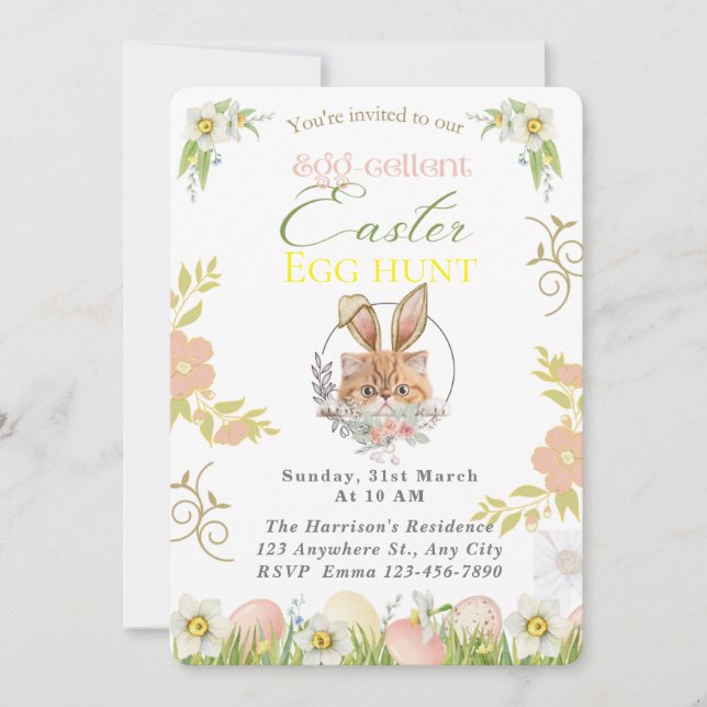 Customisable Adorable Orange Cat Bunny Easter Invitation (Front)