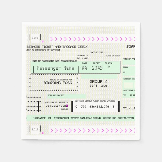 Customisable Airline Ticket Boarding Pass Napkin (Front)
