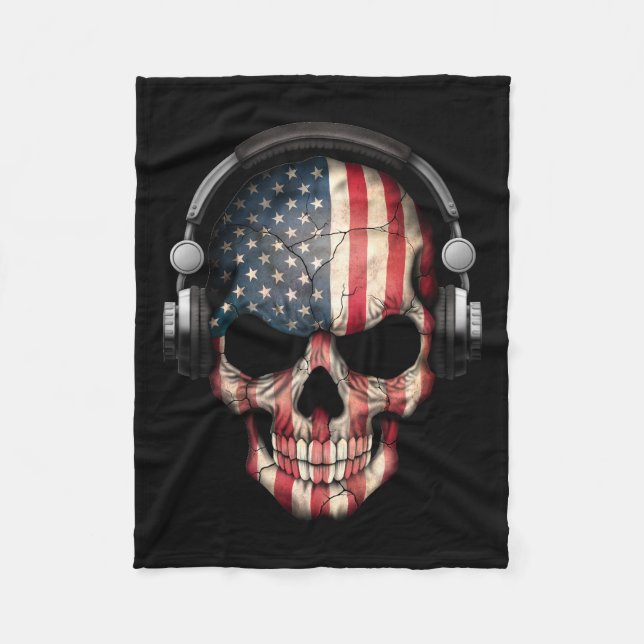Customisable American Dj Skull with Headphones Fleece Blanket (Front)