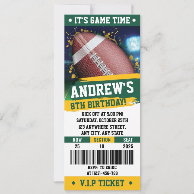 Customisable American Football Birthday Ticket Invitation (Front)