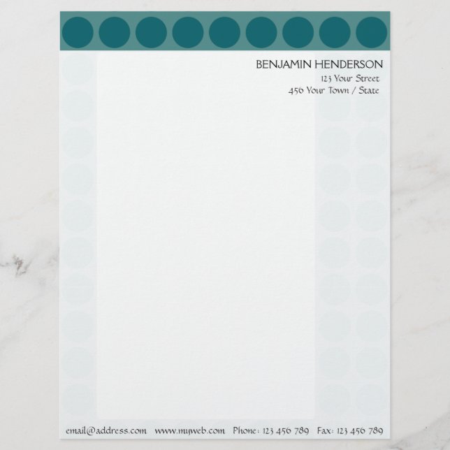 Customisable any Colour Polka Dots Pattern on Teal Personalised Letterhead (Front)