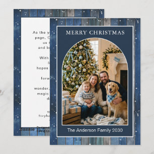 Customisable Arched Blue Snow Rustic Photo Holiday Card