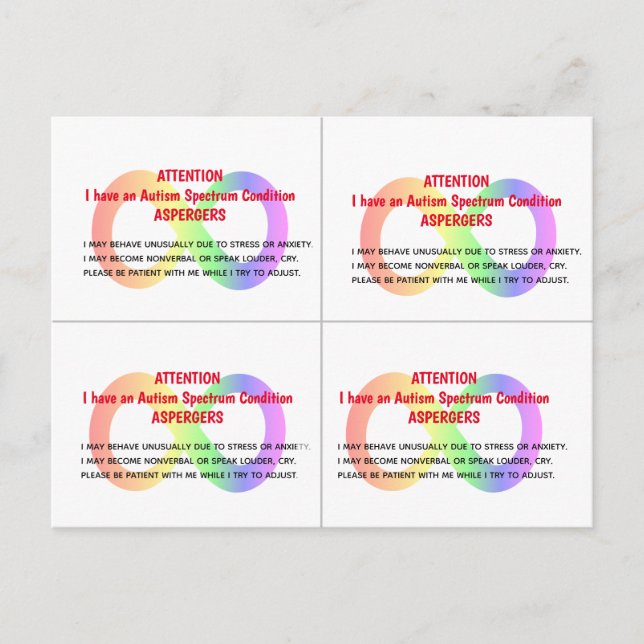 Customisable AUTISM ALERT Cards x 4 per card (Front)