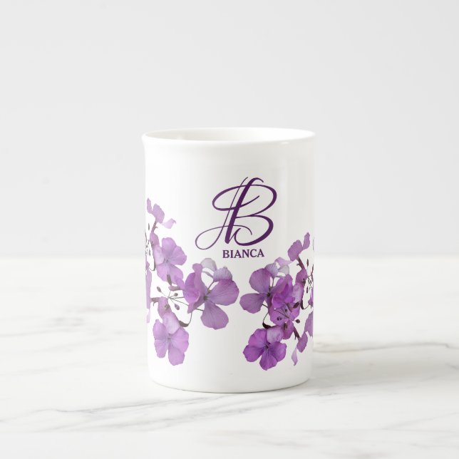 Customisable B name monogram classy purple flowers Bone China Mug (Front)