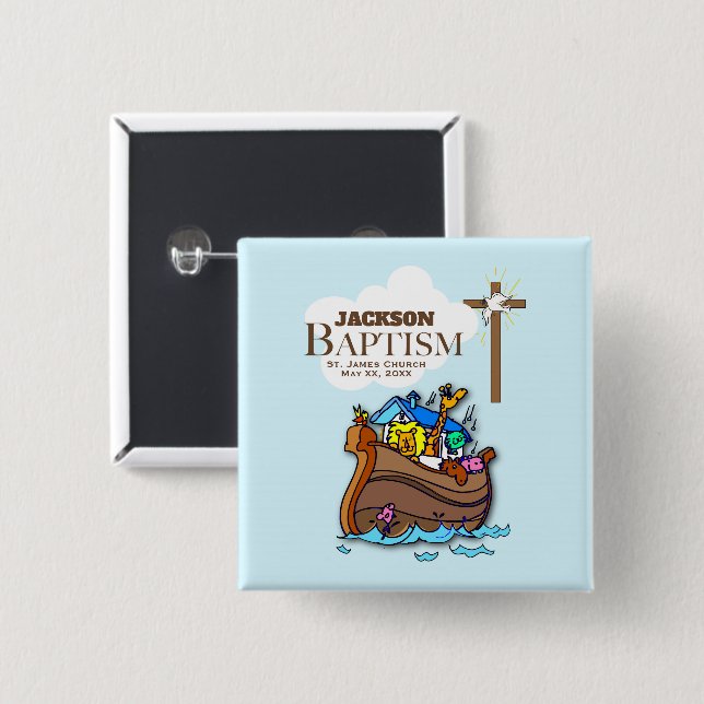 Customisable, Baby Boy Baptism Noah's Ark 15 Cm Square Badge (Front & Back)