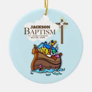 Customisable, Baby Boy Baptism Noah's Ark Ceramic Tree Decoration