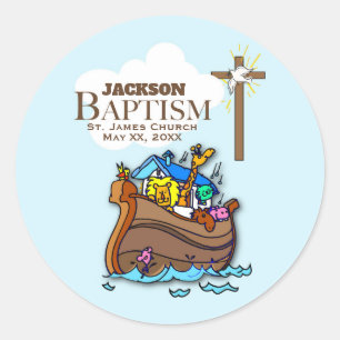 Customisable, Baby Boy Baptism Noah's Ark Classic Round Sticker