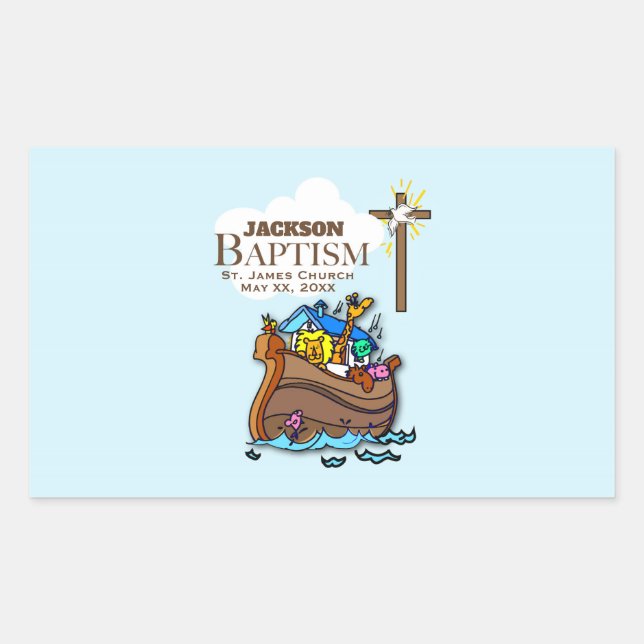 Customisable, Baby Boy Baptism Noah's Ark Rectangular Sticker (Front)