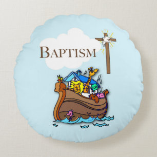 Customisable, Baby Boy Baptism Noah's Ark Round Cushion