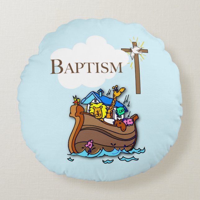 Customisable, Baby Boy Baptism Noah's Ark Round Cushion (Front)