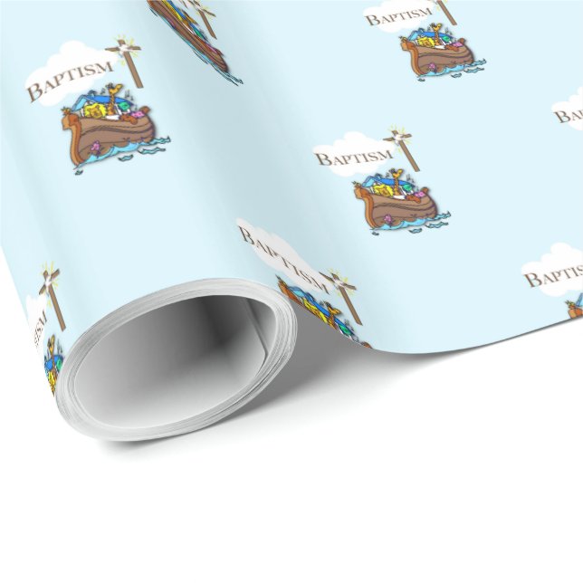 Customisable, Baby Boy Baptism Noah's Ark Wrapping Paper (Roll Corner)