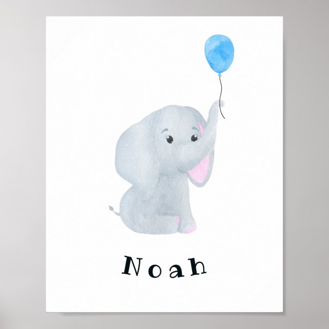 Customisable Baby Boy Elephant Nursery Wall Art (Front)