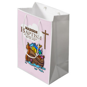 Customisable, Baby Girl Baptism Noah's Ark Medium Gift Bag