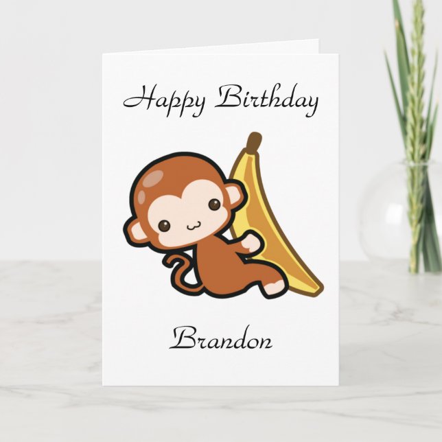Customisable Baby Monkey Whit A Banana Birthday Card (Front)