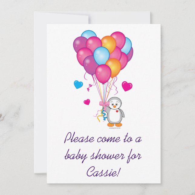 Customisable Baby Shower Penguin with Balloons Invitation (Front)