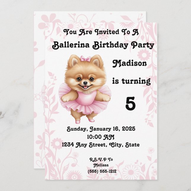 Customisable Ballerina Birthday Invitation 5 x 7 (Front/Back)
