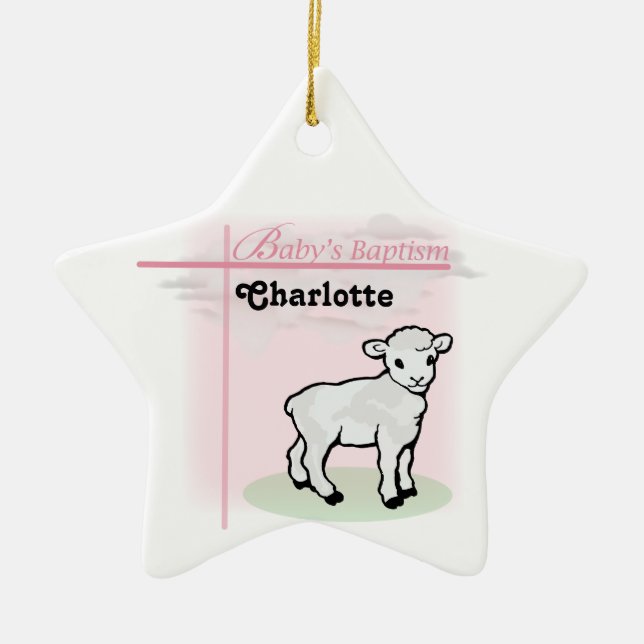 Customisable, Baptism, Pink, Girl, Lamb Ceramic Ornament (Front)