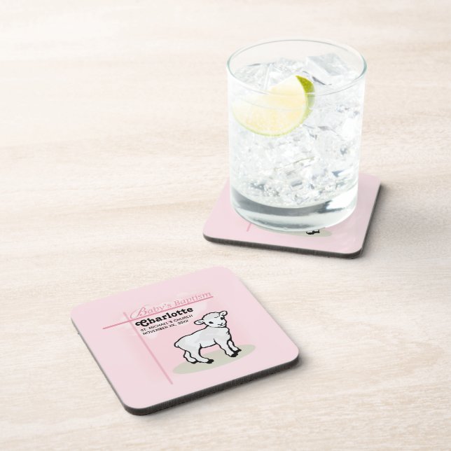 Customisable, Baptism, Pink, Girl, Lamb Coaster (Right Side)