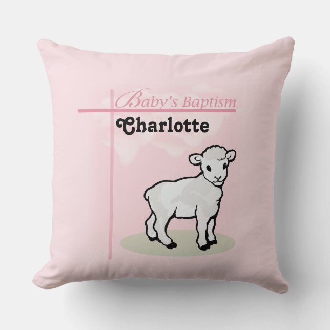 Customisable, Baptism, Pink, Girl, Lamb Cushion (Front)