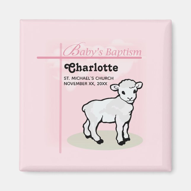 Customisable, Baptism, Pink, Girl, Lamb Magnet (Front)