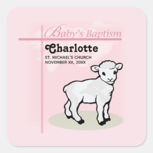 Customisable, Baptism, Pink, Girl, Lamb Square Sticker