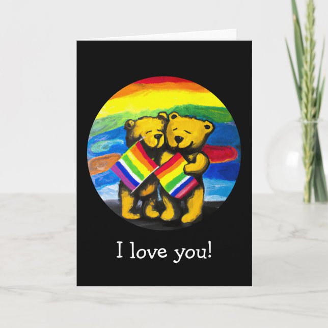 Customisable Bears Love Couple LGBT Rainbow Flag  Card (Front)