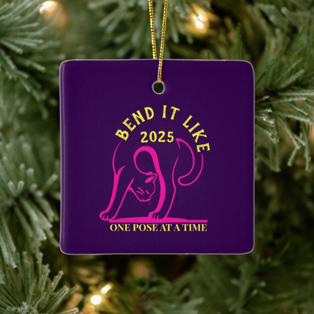 Customisable "Bend It Like 2025" Yoga Cat  Ceramic Ornament (Tree)