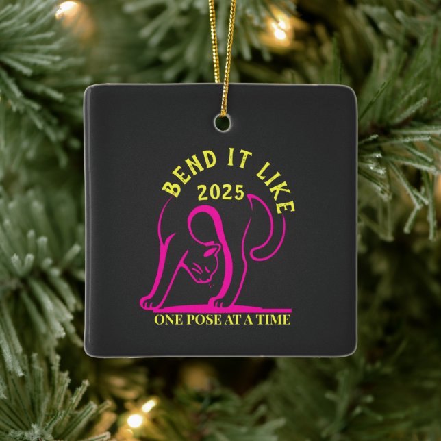 Customisable "Bend It Like 2025" Yoga Cat  Ceramic Ornament (Tree)