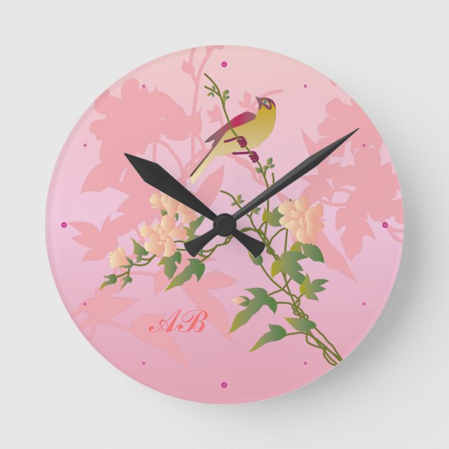 Customisable: Bird on Chinese blossom Round Clock (Front)