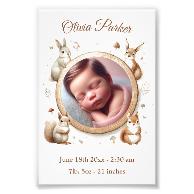 Customisable Birth Stats Photo  - Woodland Animals Print (Front)