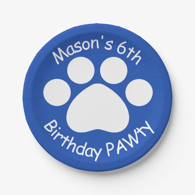Customisable Birthday PAWty - Blue Paper Plate (Front)
