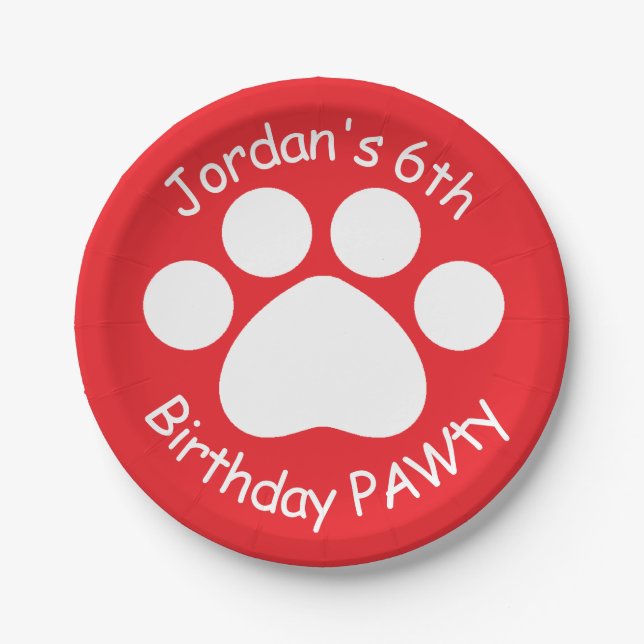 Customisable Birthday PAWty - Red Paper Plate (Front)