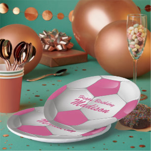 Customisable Birthday Soccer Ball Pink and White Paper Plate