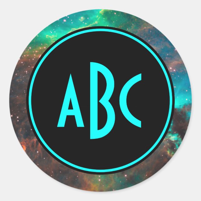 Customisable Black and Aqua Three Letter Monogram Classic Round Sticker (Front)
