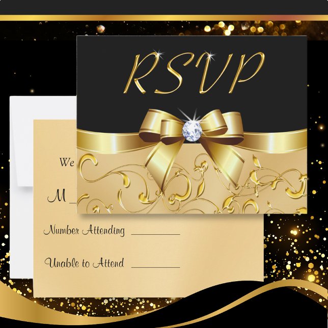 Customisable Black and Gold RSVP Cards Your Text (Anniversary RSVP Cards. RSVP cards for Wedding. Black and Gold RSVP Cards. Anniversary RSVP Cards.)
