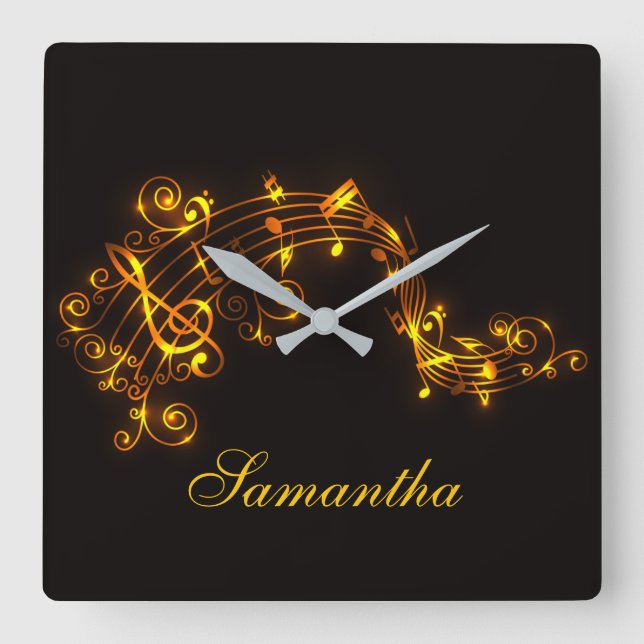 Customisable Black and Gold Swirling Musical Notes Square Wall Clock (Front)