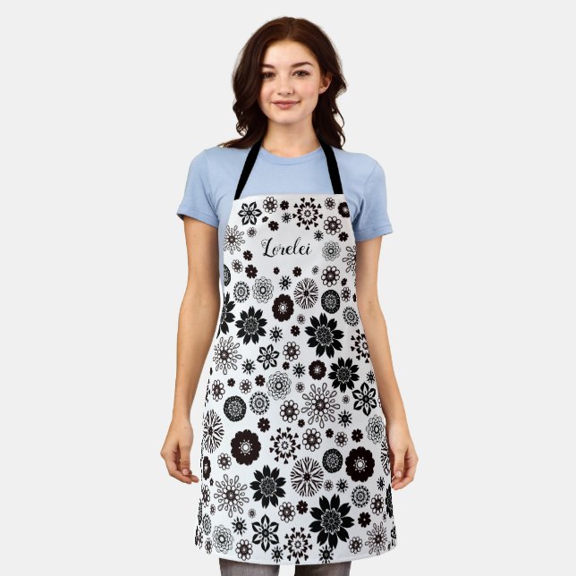 Customisable Black and White Boho Mandala Flowers  Apron (Worn)