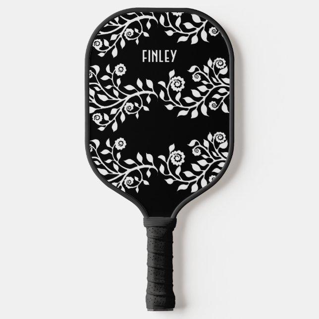 Customisable Black and White Floral Swirls Novelty Pickleball Paddle (Front)