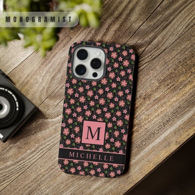 Customisable Black Dot Floral Pink Flowers iPhone Case (Customizable Black Dot Floral Pink Flowers iPhone Case)